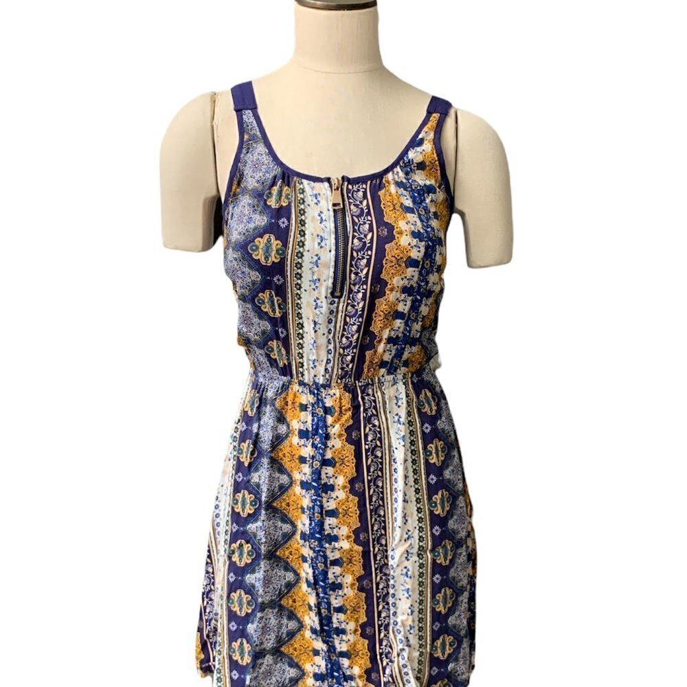 J for Justify Sleeveless Dress Sz S Blue Gold‎ White #187F - Picture 3 of 9